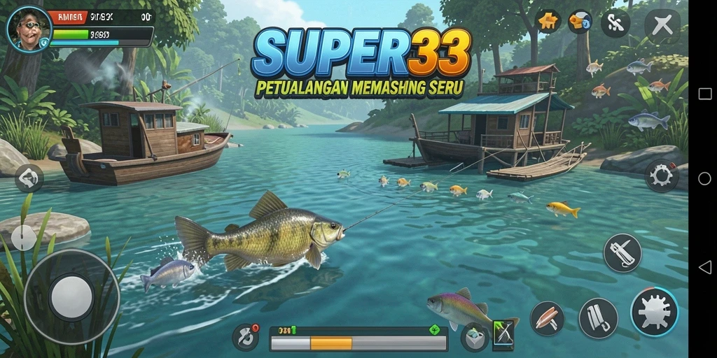 Screenshot gameplay SUPER33 menunjukkan aksi memancing yang menarik di alam terbuka.