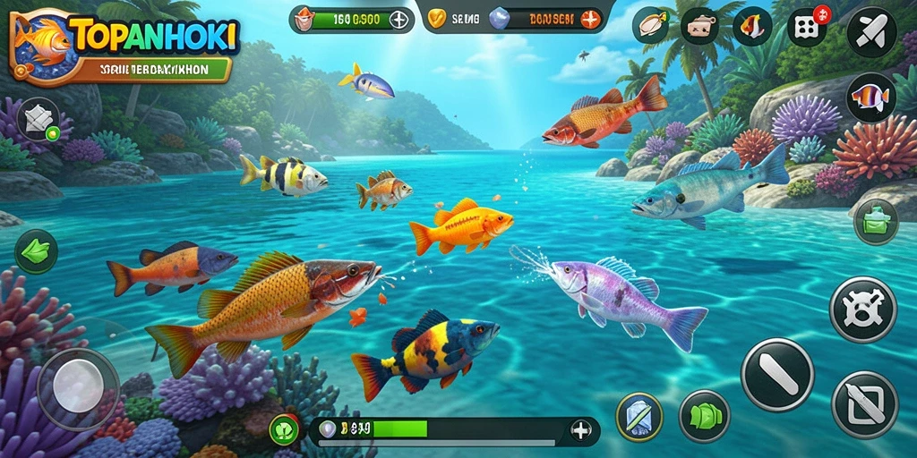 Screenshot gameplay TOPANHOKI dengan tampilan menembak ikan yang seru.